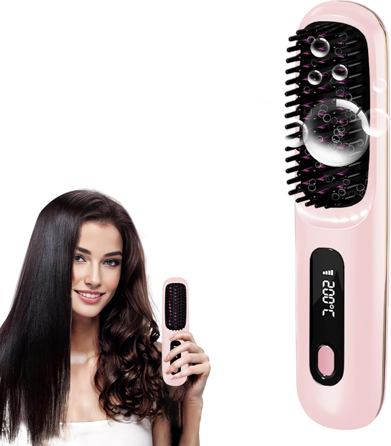 New gobrush pro 2025, Cordless Hair Straightener Brush-199 Million Negative Ions, 20S Fast Heat Up,3 Temperature Settings,4000mAh USB-C Rechargeable,Compact & Travel-Friendly with LED Display,Pink