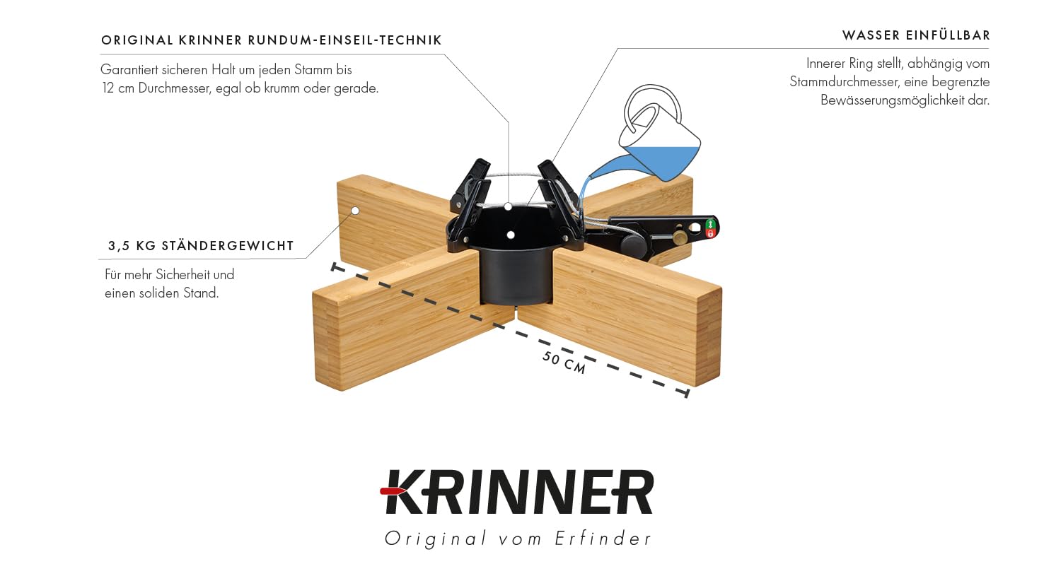Krinner Design Christbaumständer Kopenhagen Bambus Holz für Baumhöhe bis 2,5m Moderne Weihnachtsbaumständer 50cm mit Rundum-Einseil-Technik