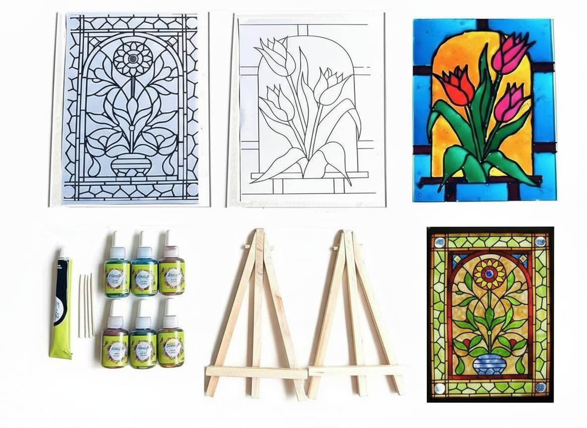 The Brown Box DIY Glass Painting Kit – Acrylic Sheets (15×20 cm), 6 Glass Colors, Outliner, Design Templates & Easel Stands – Hobby Craft Kit for Kids & Adults, Corporate Workshops, Diwali DIY