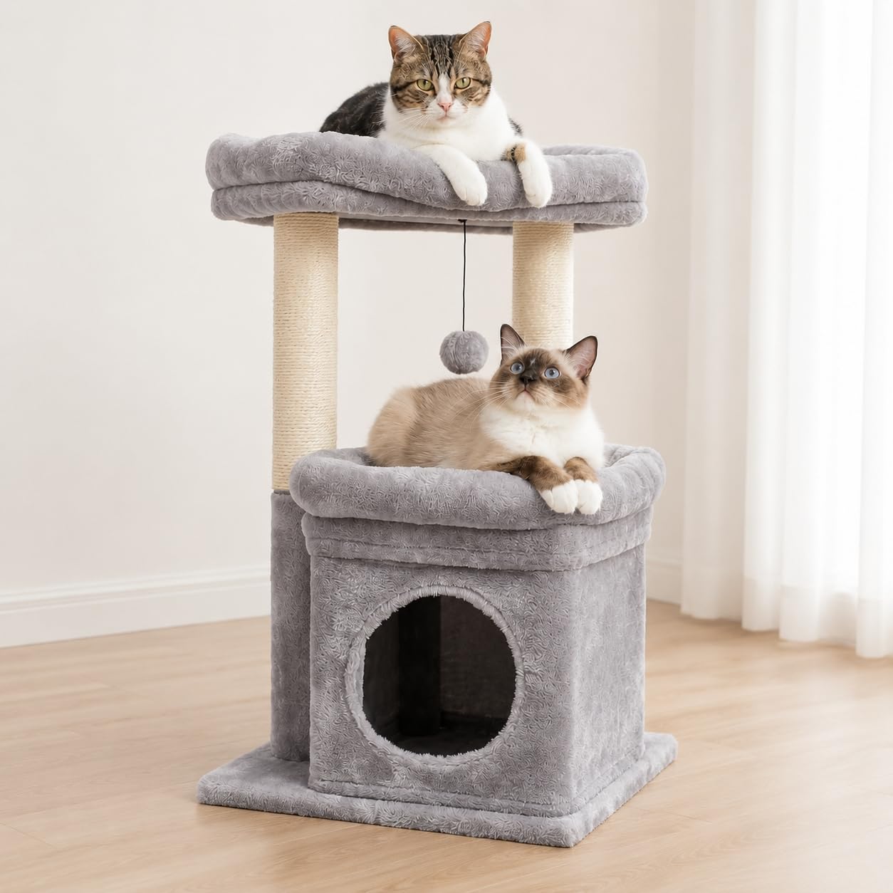 PAWZ Road キャットタワー ミニ 68cm 子猫 シニア猫 小型 低い 低めの据え置きタワー 省スペース スリム ベッド2つ サイザル麻 爪研ぎ おもちゃ 隠れ家付き コンパクト猫タワー - グレー