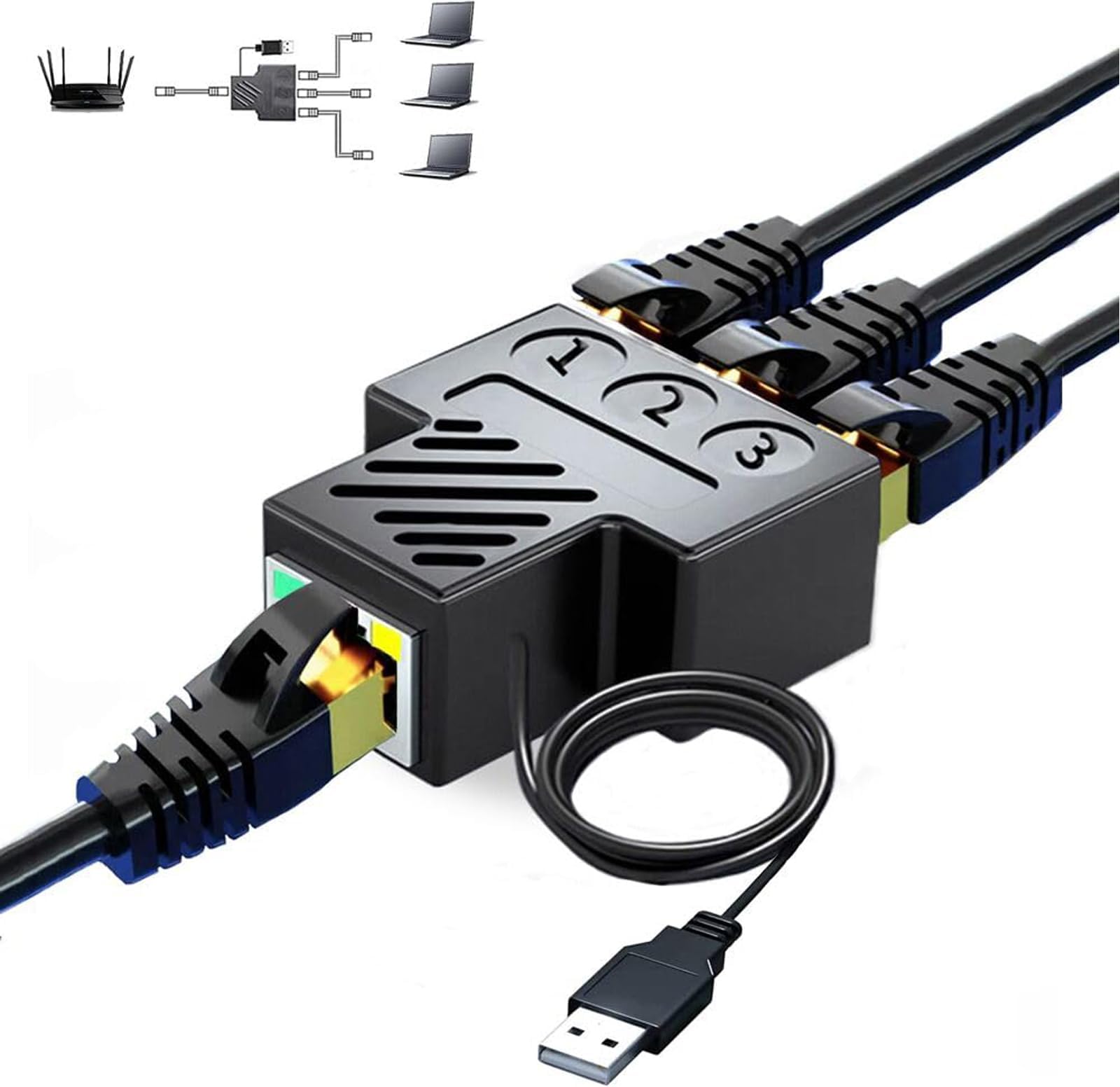 Ethernet Splitter 1 To 3, Network With Usb Power Cable, Rj45 Internet Adapter 100 Mbps High Speed Lan Interface For Cat5/6/7/8, Extension