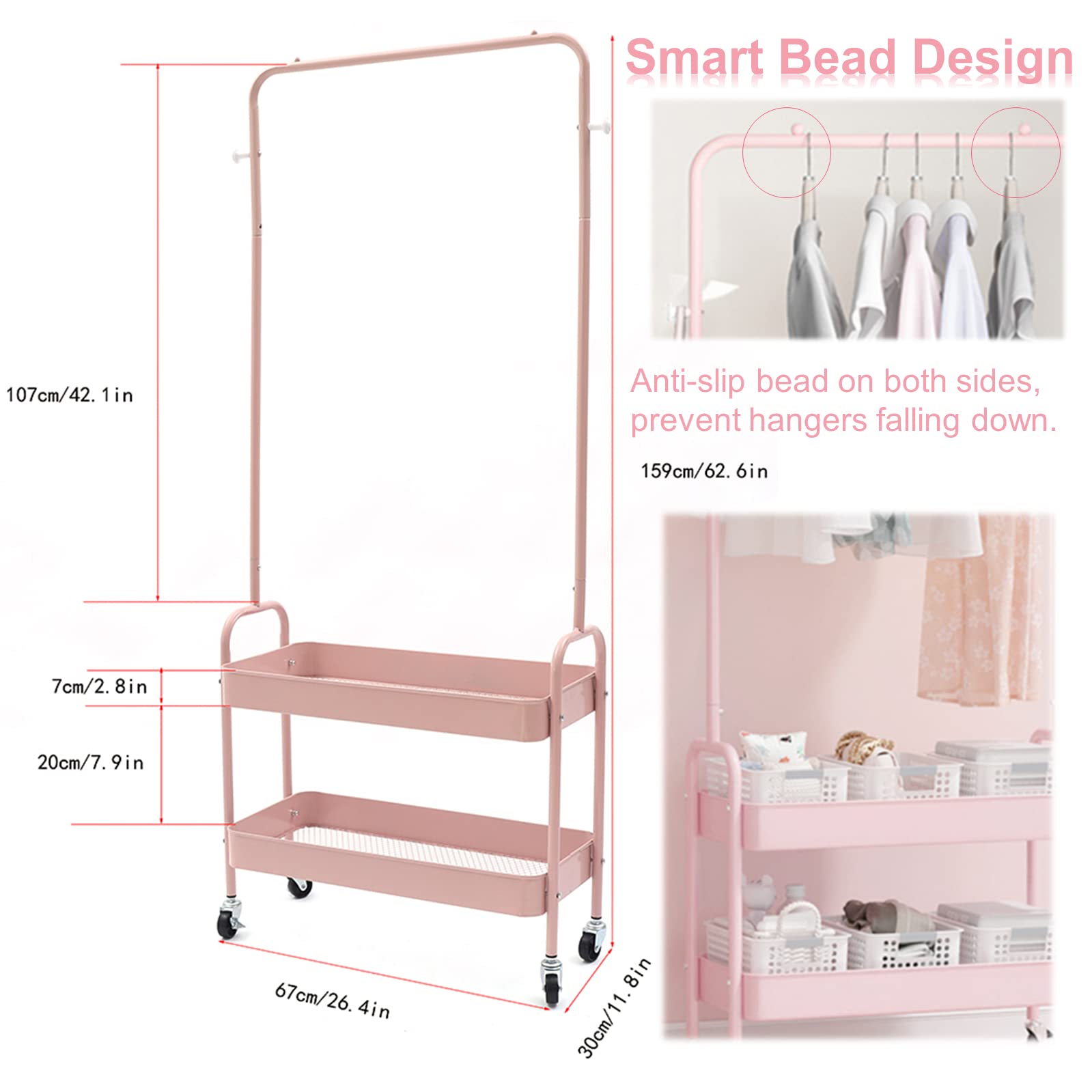 DYRABREST Simple Design 2-In 1 Garment Rack with Wheels Clothing Rack With 2 Tier Metal Basket Clothes Organizer Rack Laundry Cart with Hanging Rack for Home Bedroom (Pink)