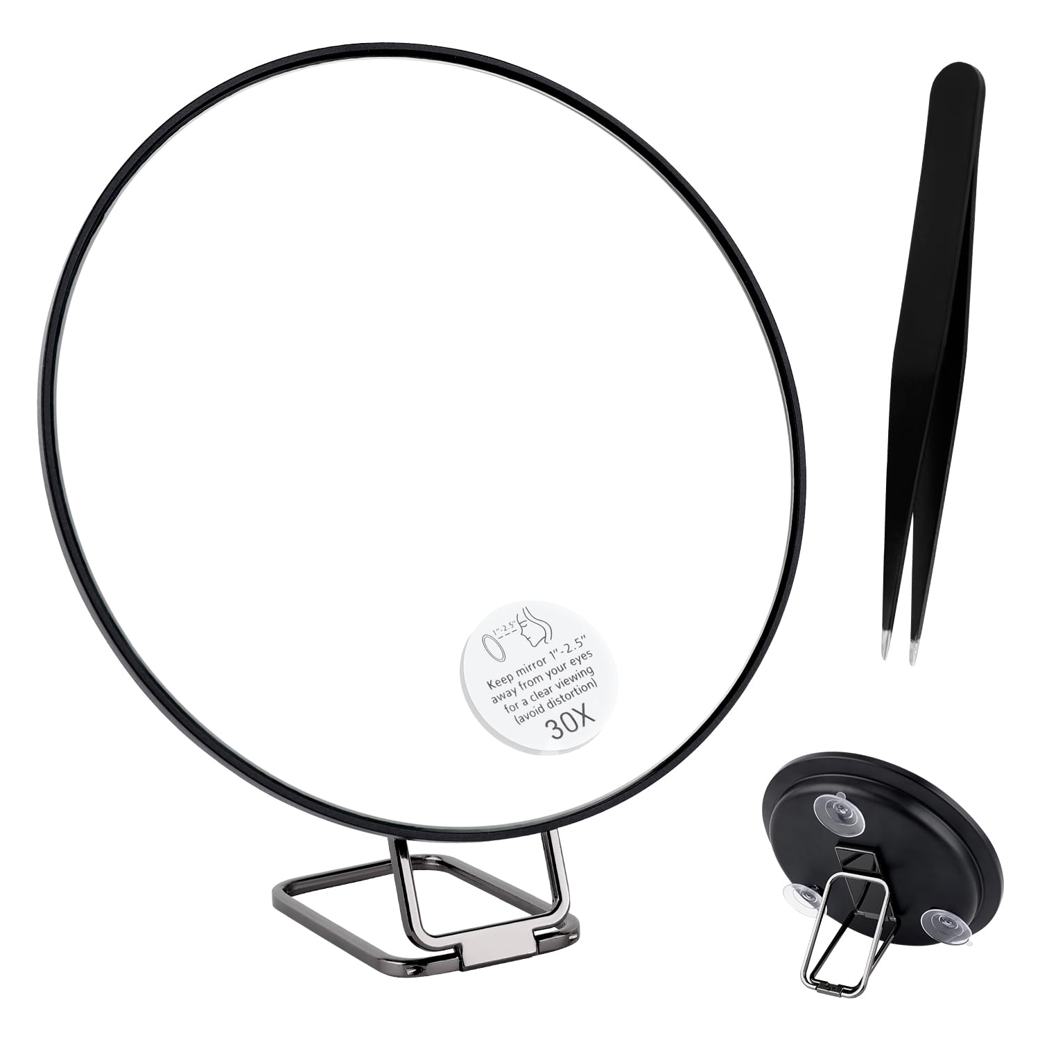 NQEUEPN Espejo Aumento 30X, Espejo de Maquillaje de 15,2cm con Ventosa y Pinzas Puntiagudas Espejo Facial con Soporte Ajustable Espejo Pequeño para Maquillaje (Negro)