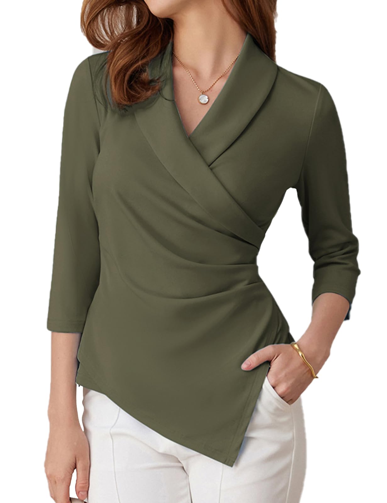 GRACE KARIN Top da donna con scollo a V, maniche a 3/4, camicia a tunica, elegante, plissettata, camicetta da ufficio casual
