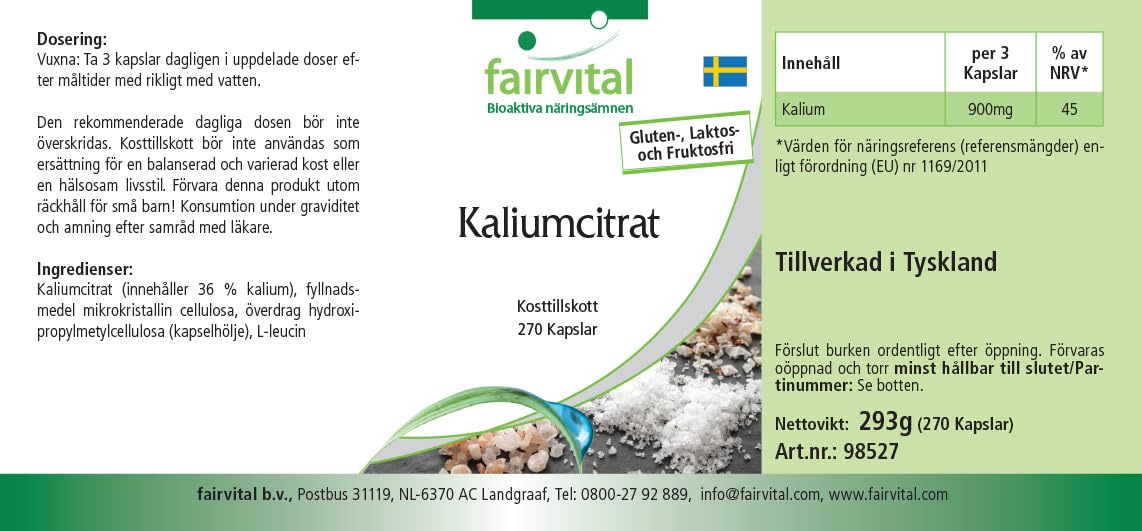 fairvital Citrate de potassium en gélules, HAUTEMENT DOSÉ, 300mg de potassium par gélule, VÉGÉTALIEN, Potassium Citrate, 270 gélules
