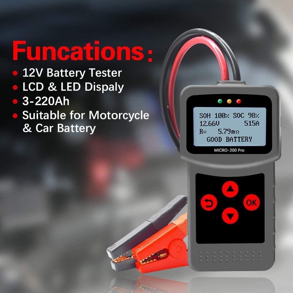 200 Probadores de batería de 12 V/24 V, analizador de carga para batería de arranque, alternador y red de a bordo, CCA 40-2000, AGM/gel/ácido, con pinzas Kelvin para coche/camión/motocicleta