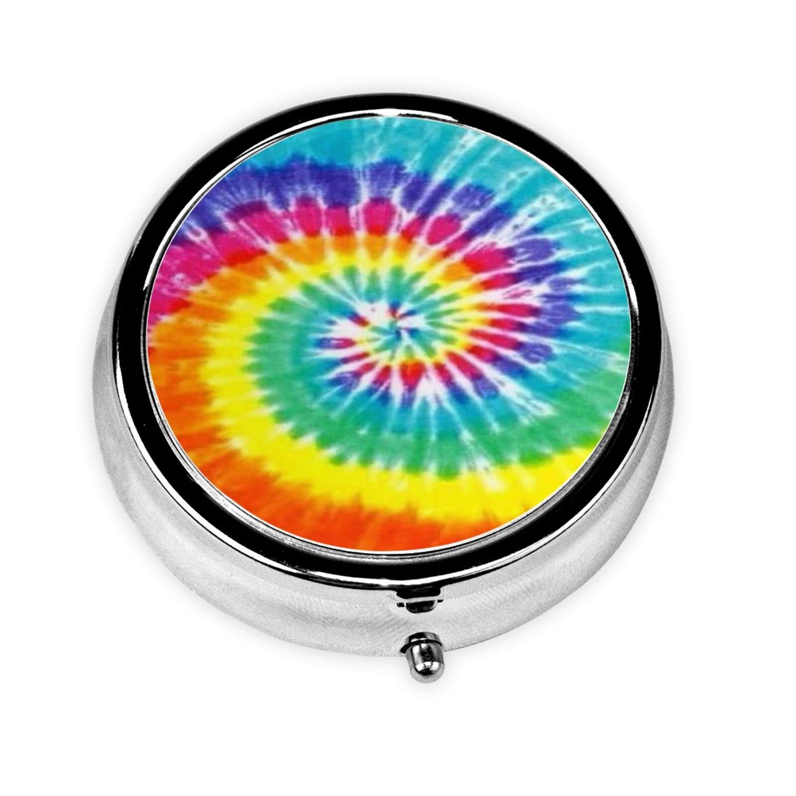 Tie Dye Rainbow Pill Box for Women Men 2 Inch Round Travel Metal Pill Box for Pocket Wallets Purse Daily Portable Large Compartments Storage Pill Box Personlized Lids