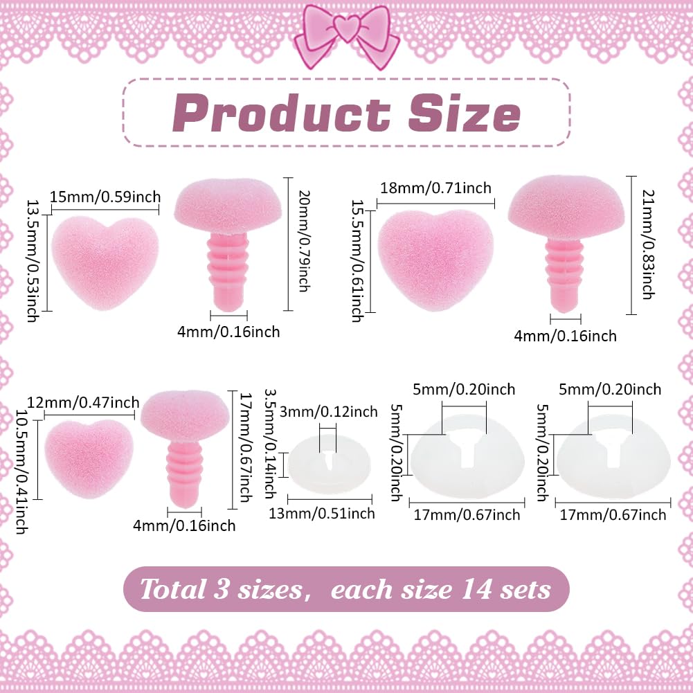PH PandaHall 42 Sets Flocking Safety Noses 3 Sizes Pink Heart Noses Crafts Animal Nose Plastic Nose with Washers for Animal Puppet Teddy Bear DIY Sewing Crafting Crochet