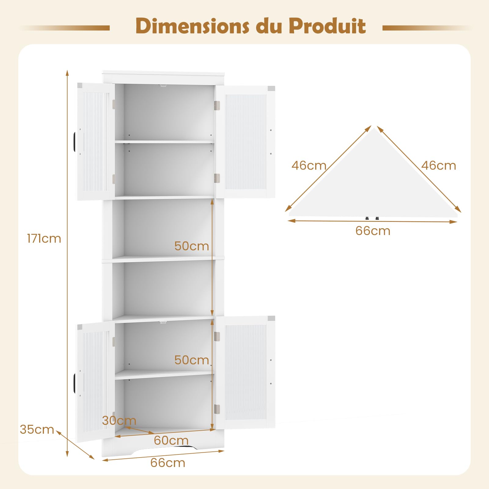 GOPLUS Armoire d'Angle de 171 CM de Haut,Meuble de Rangement à 6 Niveaux avec 4 Portes en Verre, Étagères Réglables sur 3 Niveaux, Charge 60KGpour Salle de Bain, Salon, Cuisine, 66 x 35 x 171 cm Blanc