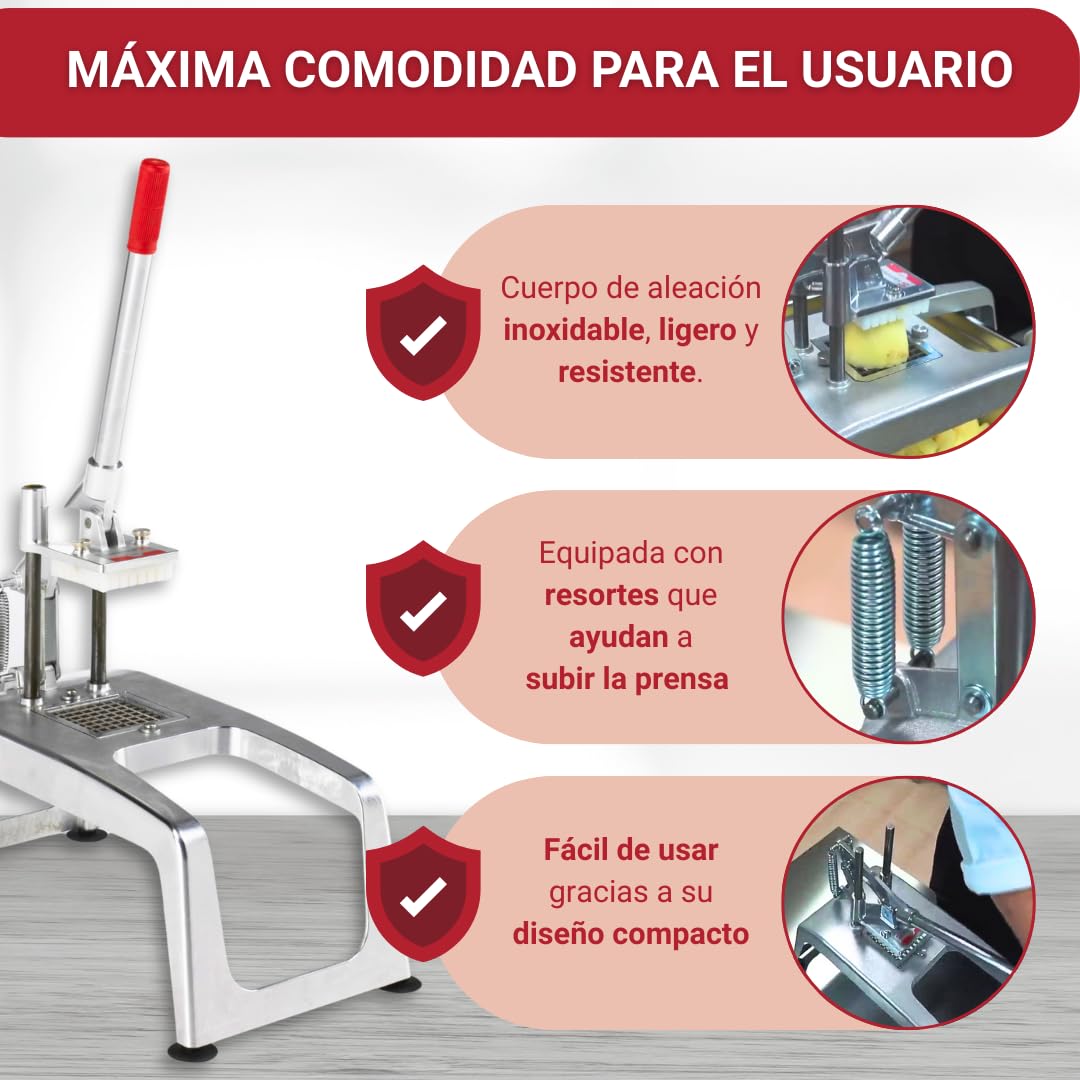 YOMMAK Cortador Manual de Patatas Industrial Profesional Multifuncional Mandolina de Cocina de aluminio anonizado, Picadora Manual Hostelería, Se Suministra con el Corte de 10 * 10