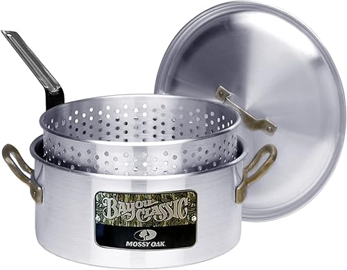 Bayou Classic Olla de aluminio de 14 cuartos de galón de roble musgoso de 47.62 oz con tapa y cesta perforada de aluminio con asas remachadas de