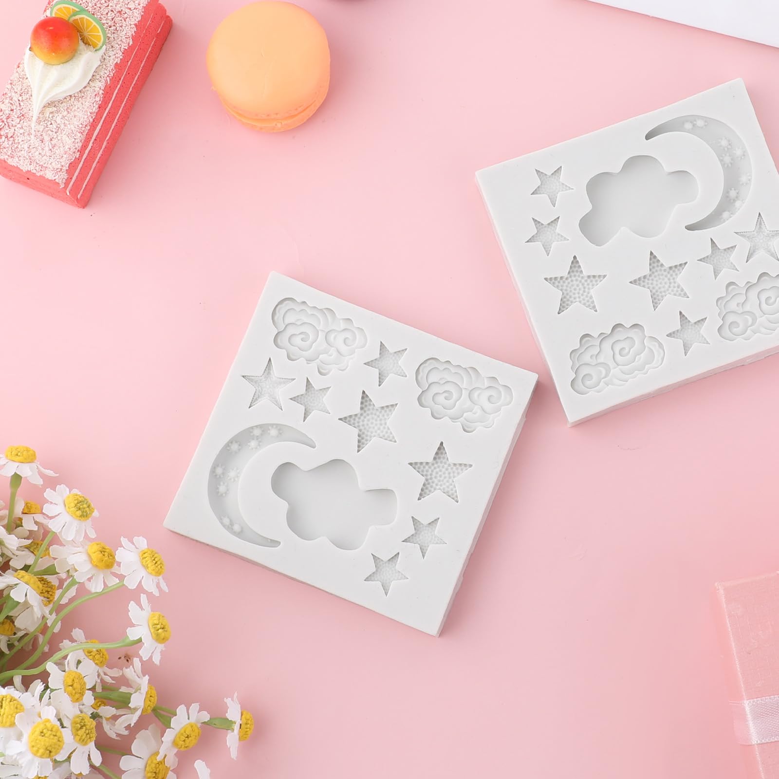 2 moldes de silicona, moldes de arcilla polimérica con forma de estrella y luna para caramelo, chocolate, fondant, decoración de pasteles, bricolaje, hornear, cupcakes, galletas, jabón y velas