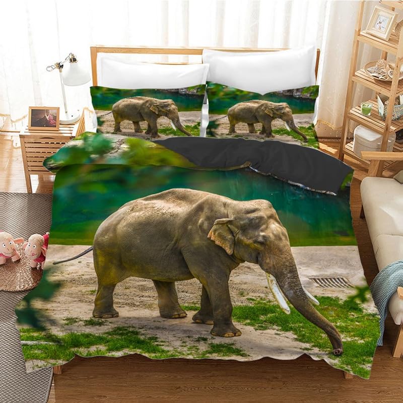 Housse de couette 90x190 éléphants verts avec taie 65x65 pour lit enfant en microfibre