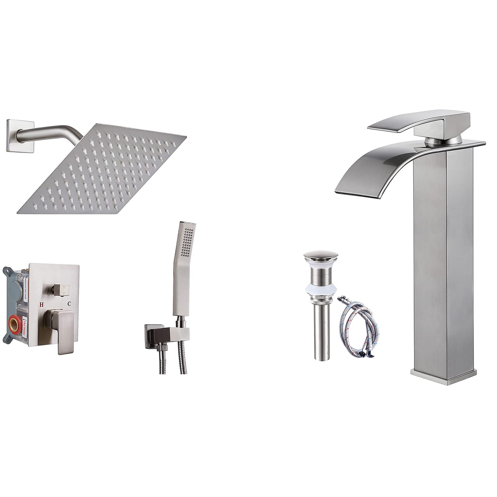 Hcfyauis Brushed Nickel Shower Faucet Set Bathroom Shower System Wall Mount 8 Inch Square Rainfall Shower Head Matching With Brushed Nickel Waterfall Bathroom Bowl Vessl Sink Tall Faucet