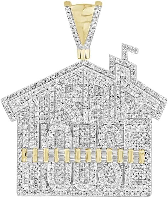 DiamondOutlet Store Collection Yellow Plated Sterling Silver 1.15CT Round/Baguette White CZ Diamond Cubic Zirconia“HOUSE” Word Hip Hop Men’s Charm