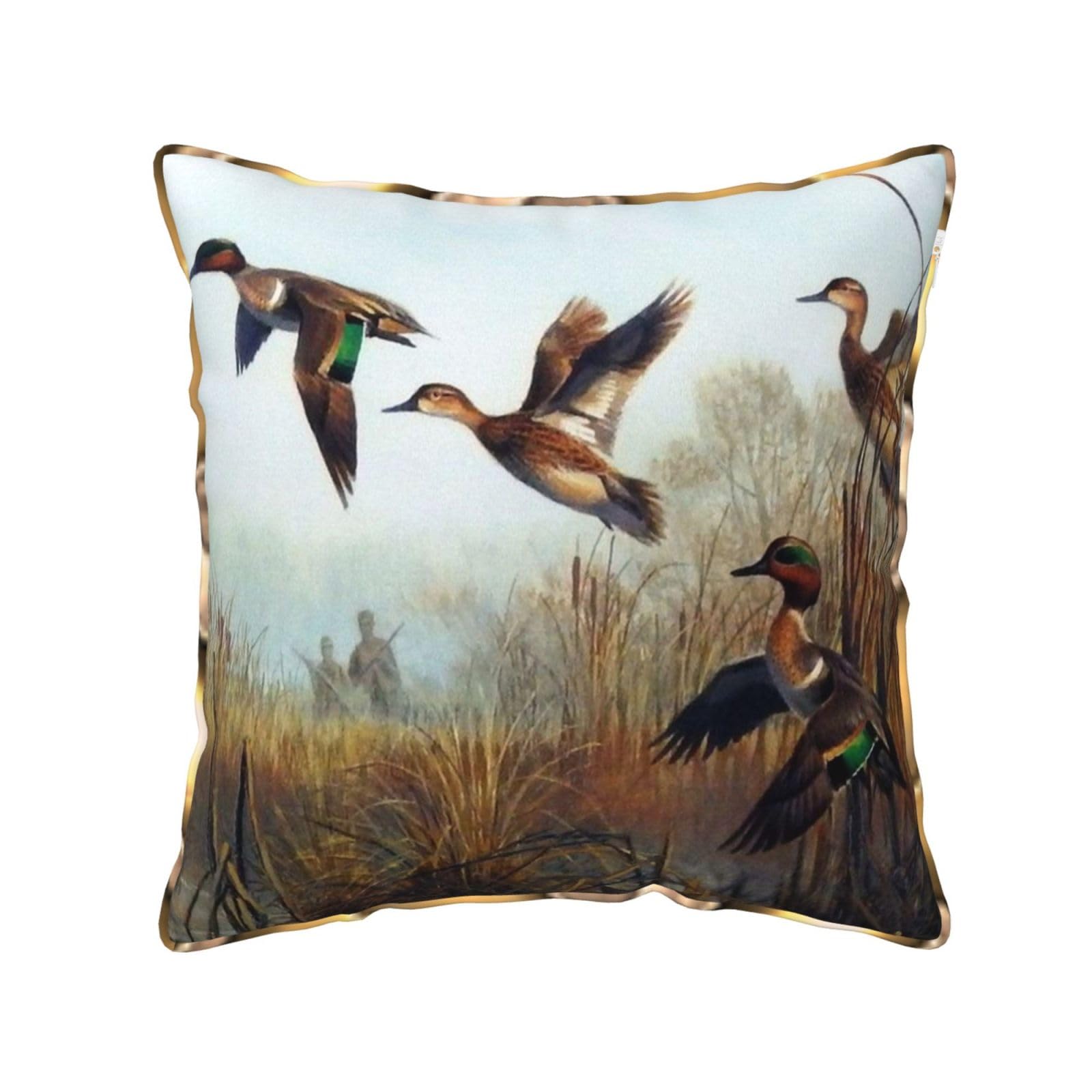 AUBKFELD Hunting Flying Wild Printed Velvet Cushion Cover 40x40 CM with Gold Edging Strip, Square Pillowcase Soft Throw Pillow Covers Case Decorative for Living Room Sofa Couch Bed Bench