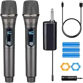 microfone duplo sem fio recarregável, microfone sem fio dinâmico de mão dupla para canto de karaokê, casamento, DJ, festa, discurso, igreja, uso em classe, sistema PA, 200 pés, cinza