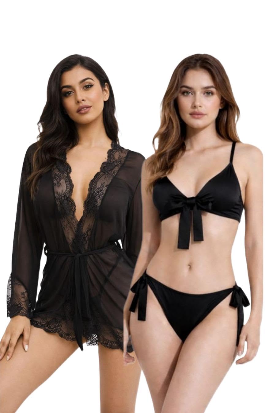 VivaaCasa Women's Combo of Black Lace Babydoll Nightwear with Satin Bikini and Sheer mesh Robe, Black, Regular Fit, Sizes XS-M-image-12