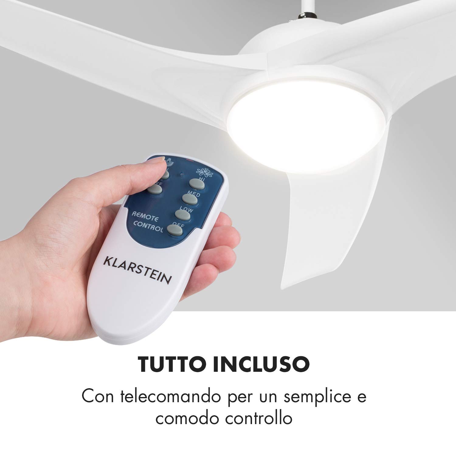 Klarstein Figo Ventilatore da soffitto - 2 in 1: ventilatore & plafoniera (2 x 42 W), Diametro: 52" (132 cm), 3 pale, Portata d'aria: 9.018 m³/h, 2 direzioni di rotazione, 3 velocità, bianco