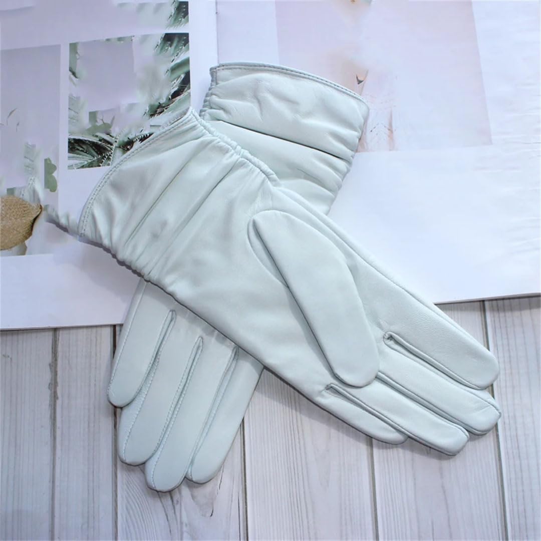 Guantes de piel de oveja para mujer, con pantalla táctil, longitud media, elástica, de forro polar y guantes de invierno