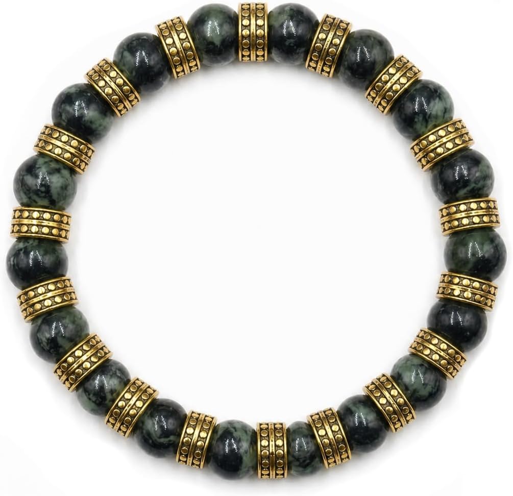 Kartini Studio Men's Jade Bracelet, Jade and Gold Plated Beads, Dark Green Nephrite Jewelry, Gift for Man
