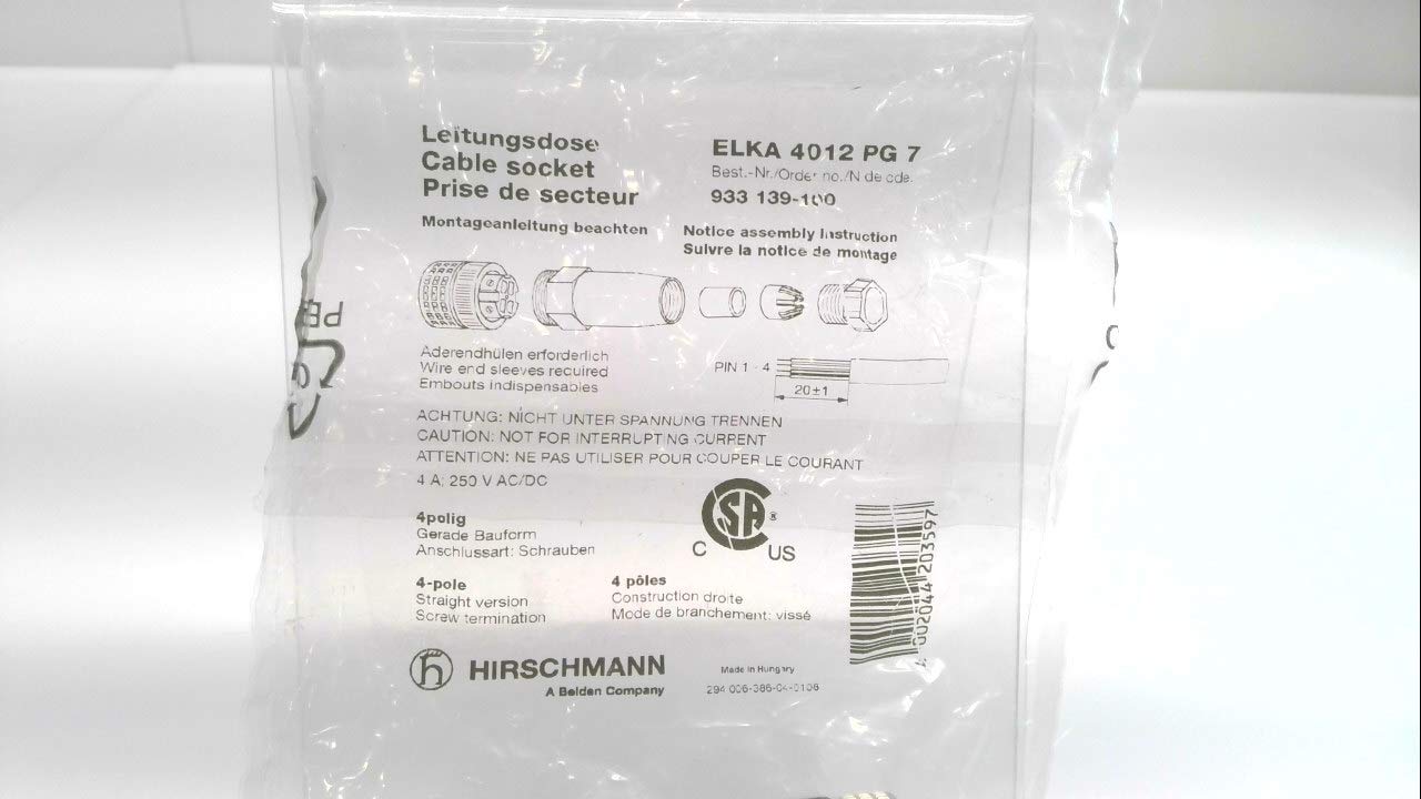 Hirschmann Elka 4012 Pg7, Field Wirable Connector, Size: M12, Poles: 4 Elka 4012 Pg7