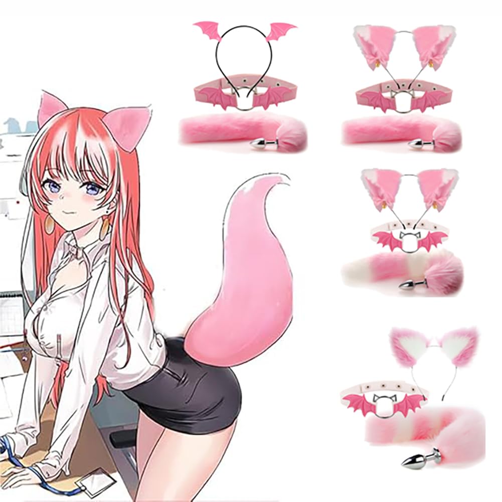 TJCGCKK Animal Cosplay Costume Furry Fox Tail Plug Cute Ears Headband Bat Style Neck Collar Set: (Pink C)