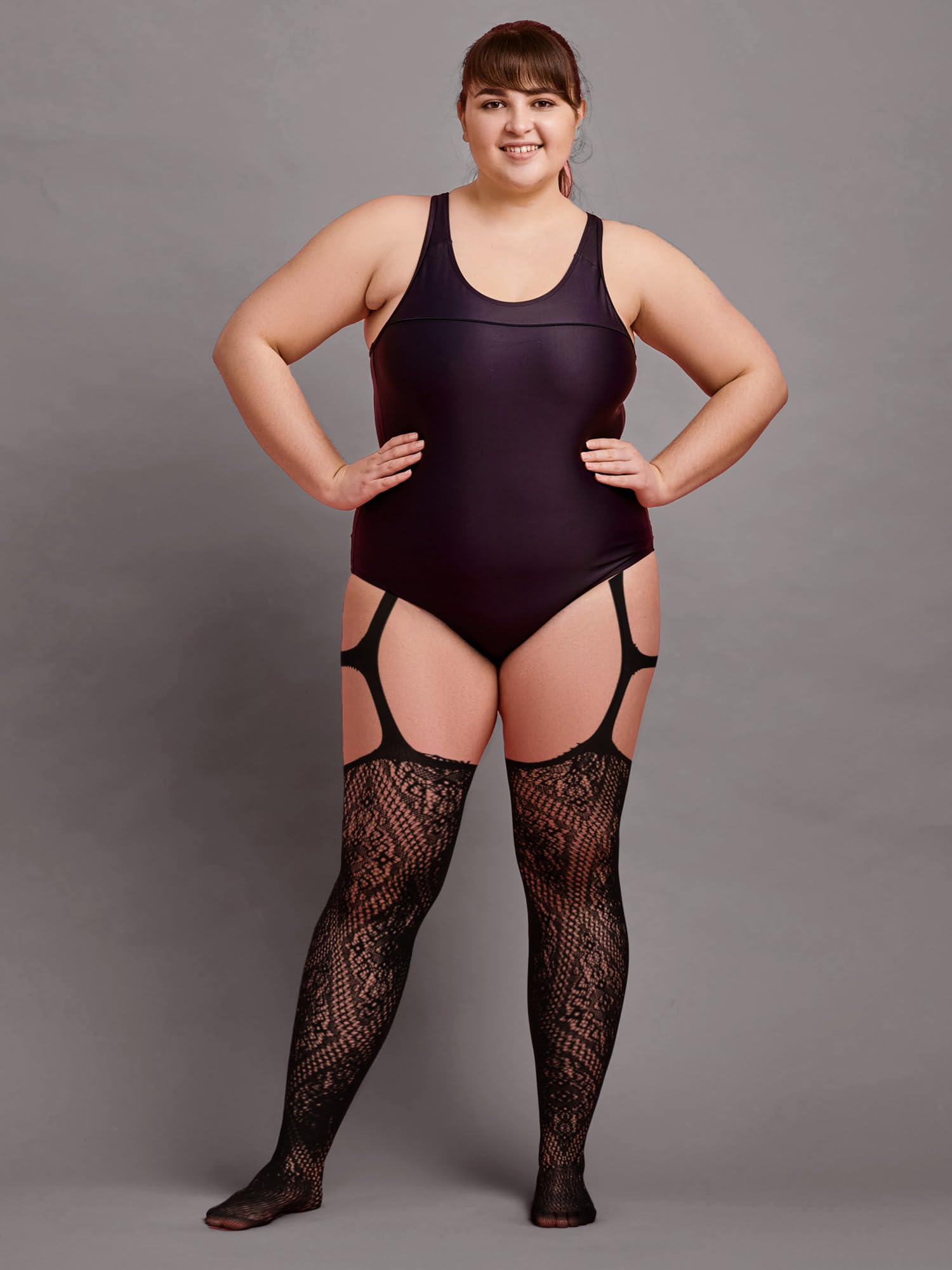 Skylety 6 Pairs Women Plus Size Fishnet Suspender Pantyhose Thigh High Stocking Garter Belt Lingerie Tights for Women S-XXXL: XX-Large-3X-Large Chic Fantasy Black