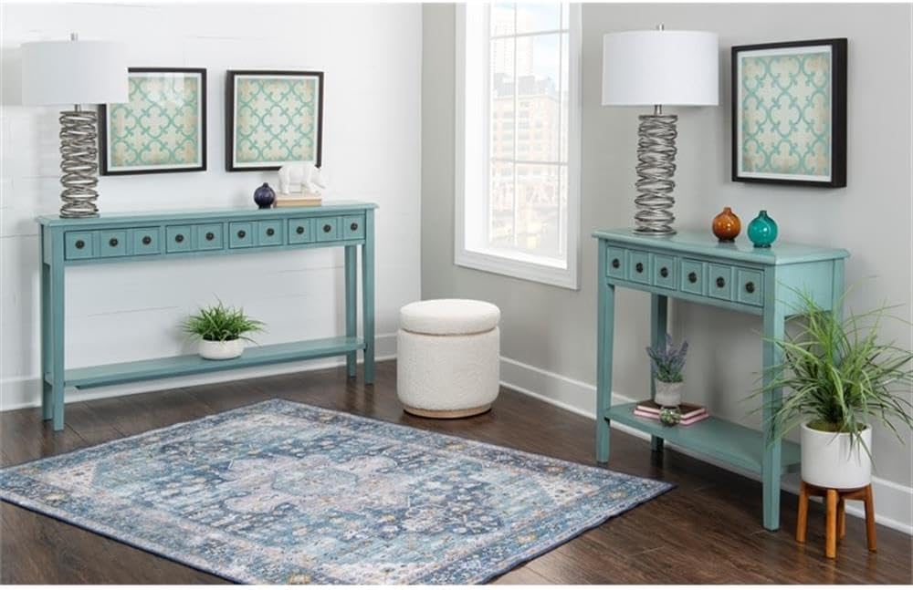 Pemberly Row Transitional Wood Console Table, 60"W x 10"D x 35"H, Teal Blue Finish, Slimline Design with 4 Drawers and Lower Shelf, Antique Brass Pulls, Cottage Style Foyer or Living Room Accent Table