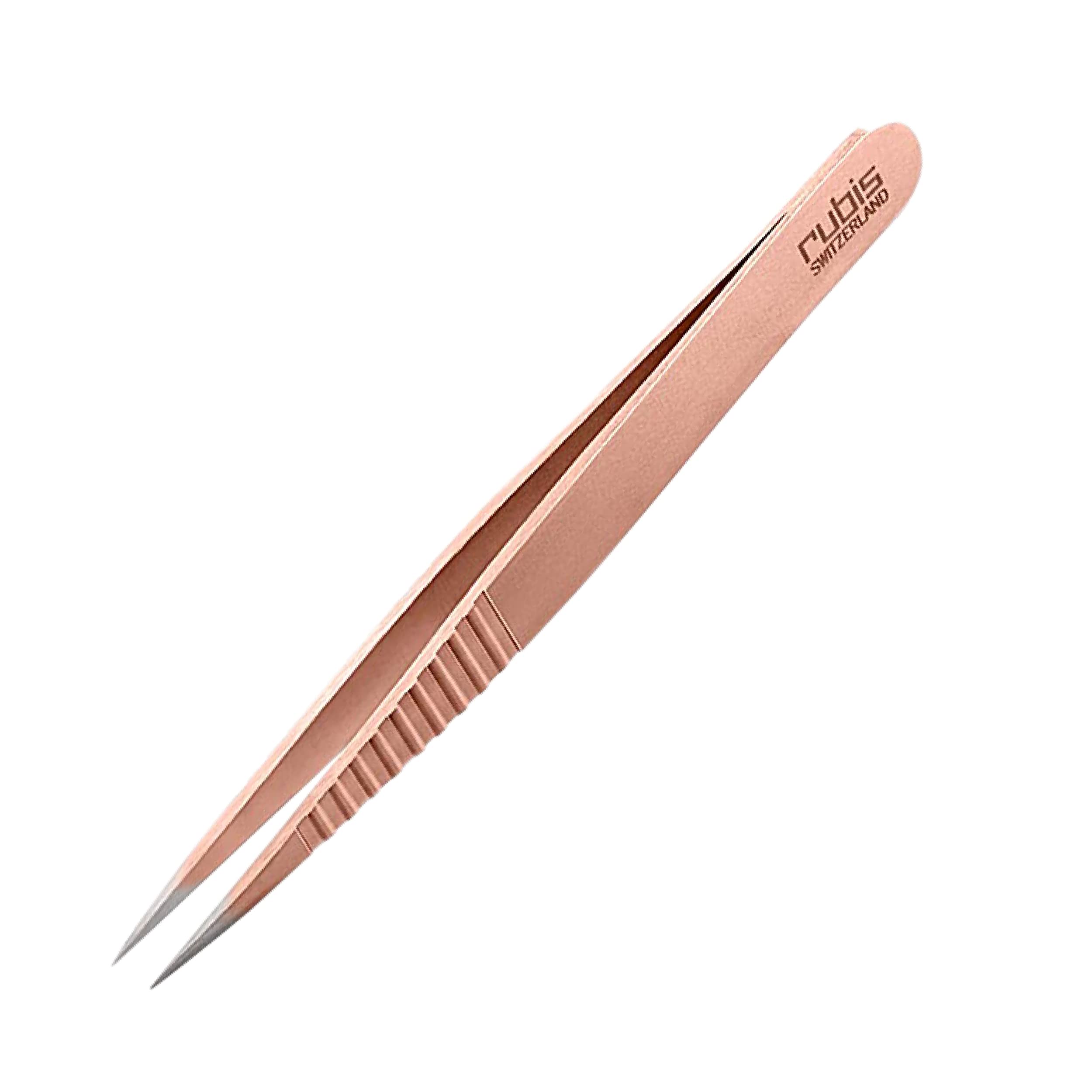 Rubis Stainless Steel Pointed Tweezers with Pro Grip for Precise Eyebrows and Hair Removal, 1K003PGRG, Red Gold,Rubis Switzerland Swiss Made World