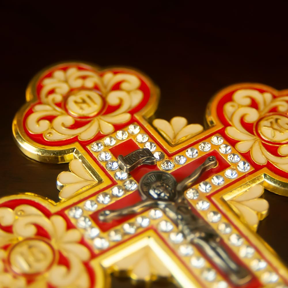 RZRHMUHN Croce Ortodossa di Gesù Croce di Preghiera Placcata in Oro in Lega Statua di Gesù Religione Regalo con Scatola (Rosso)