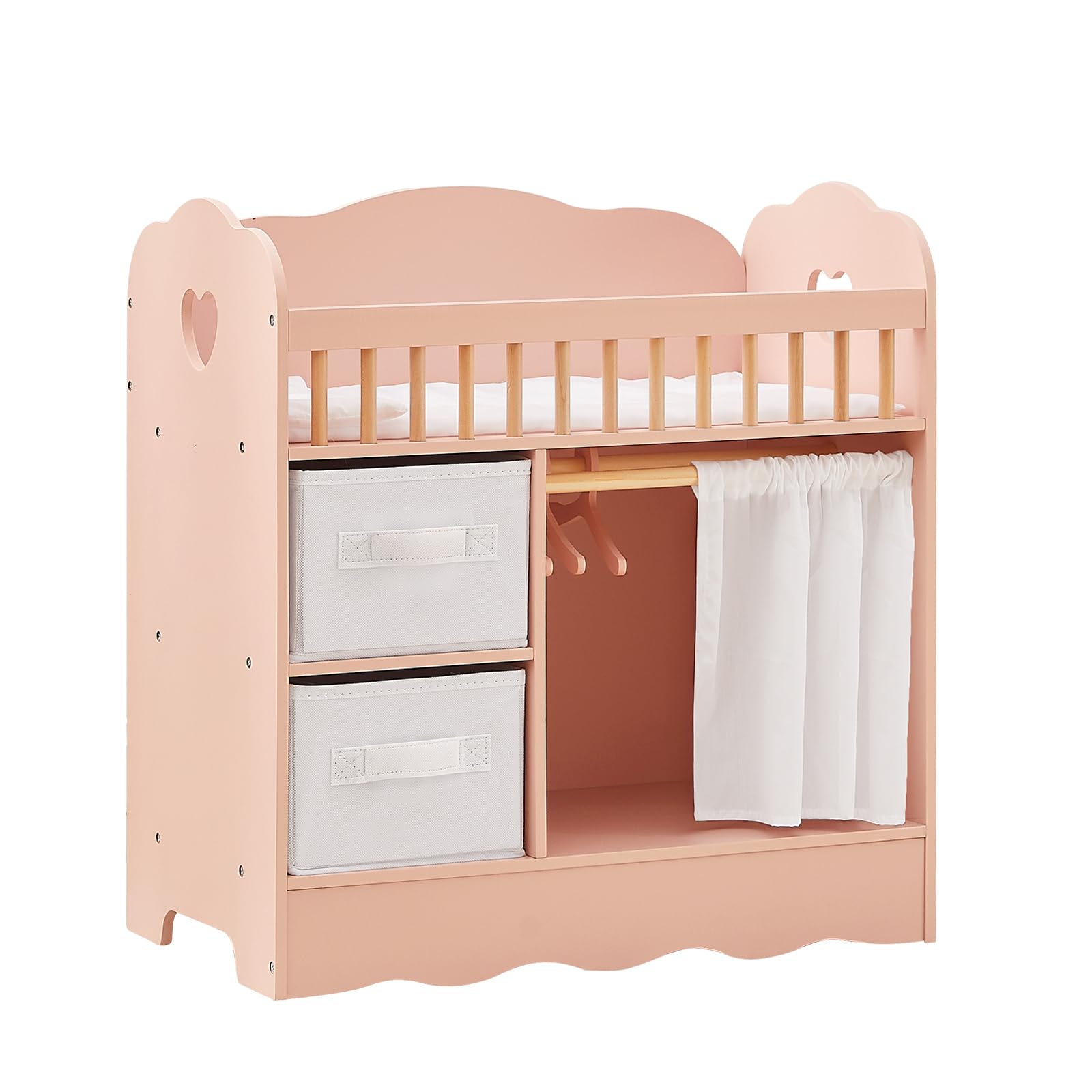 OOOK Baby Doll Crib, Wooden Baby Doll Bed and Changing Table, Dollhouse Furniture with Two Storage Box, Bedding and Coat Hangers, Nursery Playset Suitable for Dolls Under 55 cm, Pink