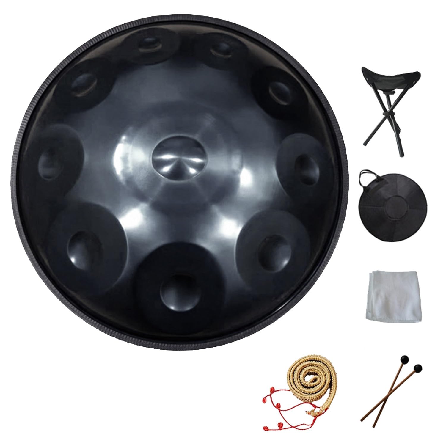 Handpan 9/10/12 note Tamburo a Mano in acciaio con borsa, decorazione corda e bacchette per meditazione, yoga, strumento professionale a percussioni 432Hz/440Hz(Black,10 Notes/440Hz)