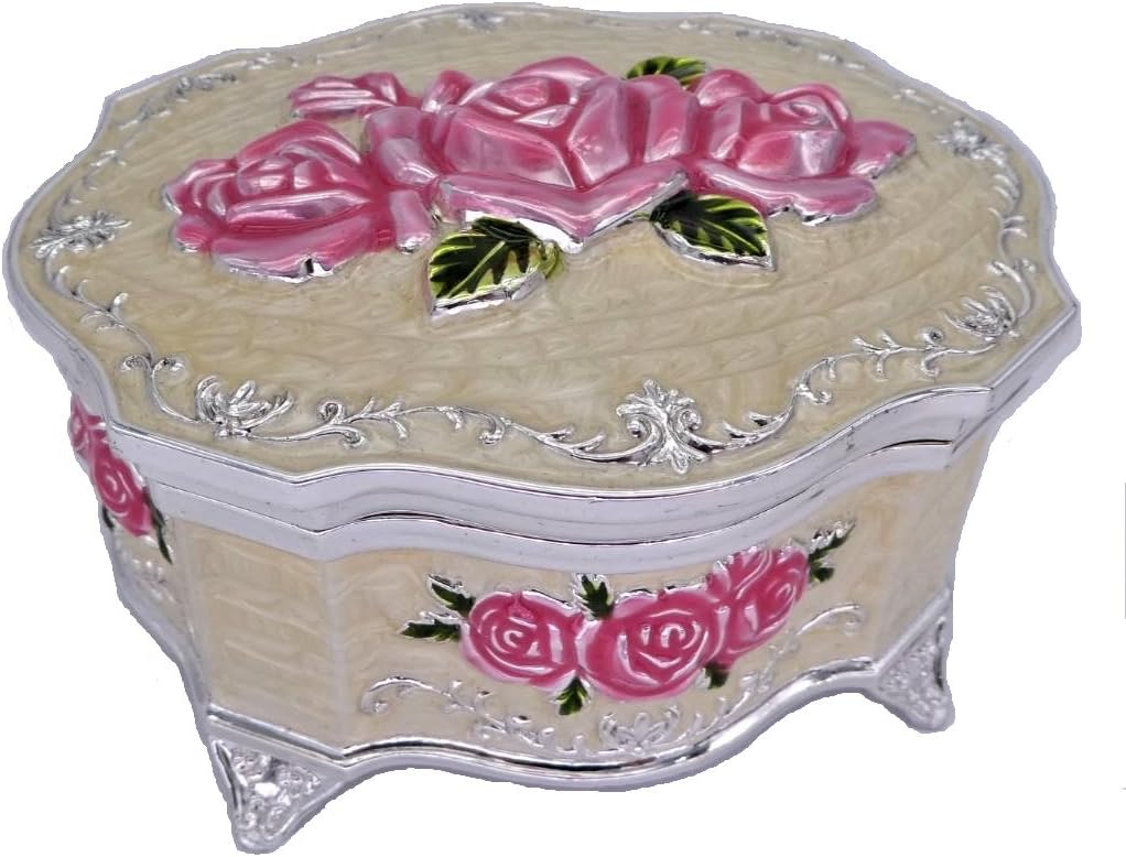 Handmade Jewelry Box Vintage Classic Antique Trinket Box Metal Zinc Alloy (Style B - Medium : Oval Shape, Pink Rose, 4.6 inch)