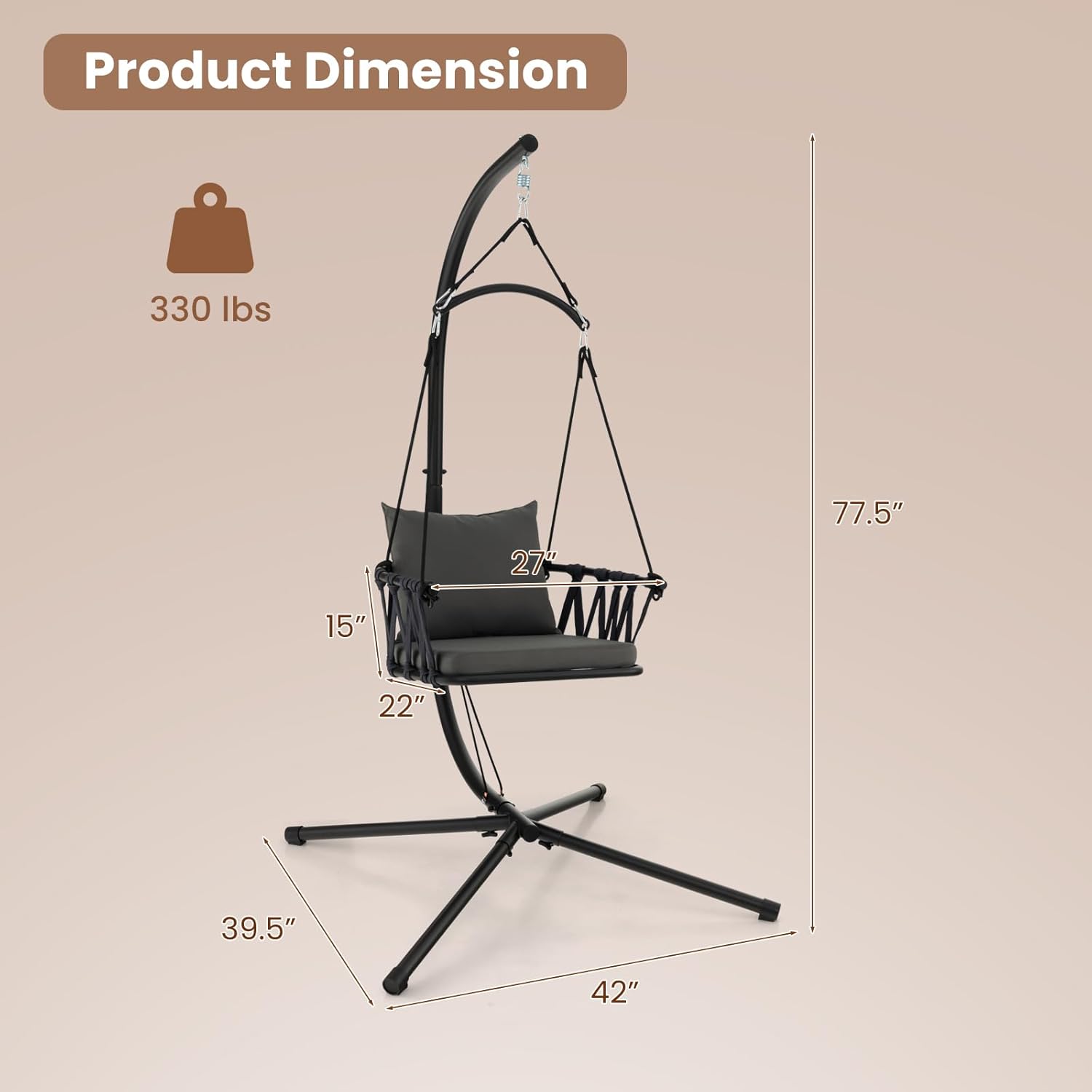GOFLAME Hanging Swing Chair with Stand, Patio Hammock Chair with Comfortable Seat & Back Cushions for Indoor Outdoor, Heavy Duty Hanging Chair for Patio Yard Garden