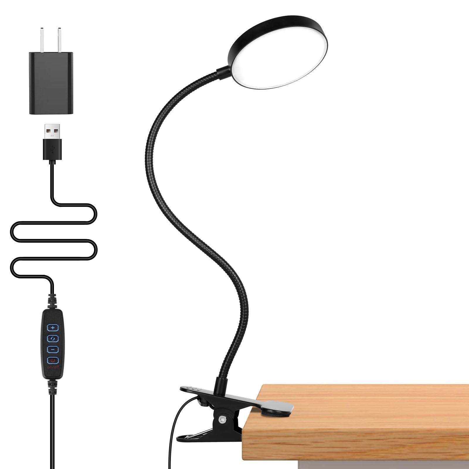 Semlos USB LED Desk Lamp, Clip On Light, 3 Light Modes, 10 Dimmable Brightness Levels, Adjustable Gooseneck, Black, Includes Charger [Energy Class G]