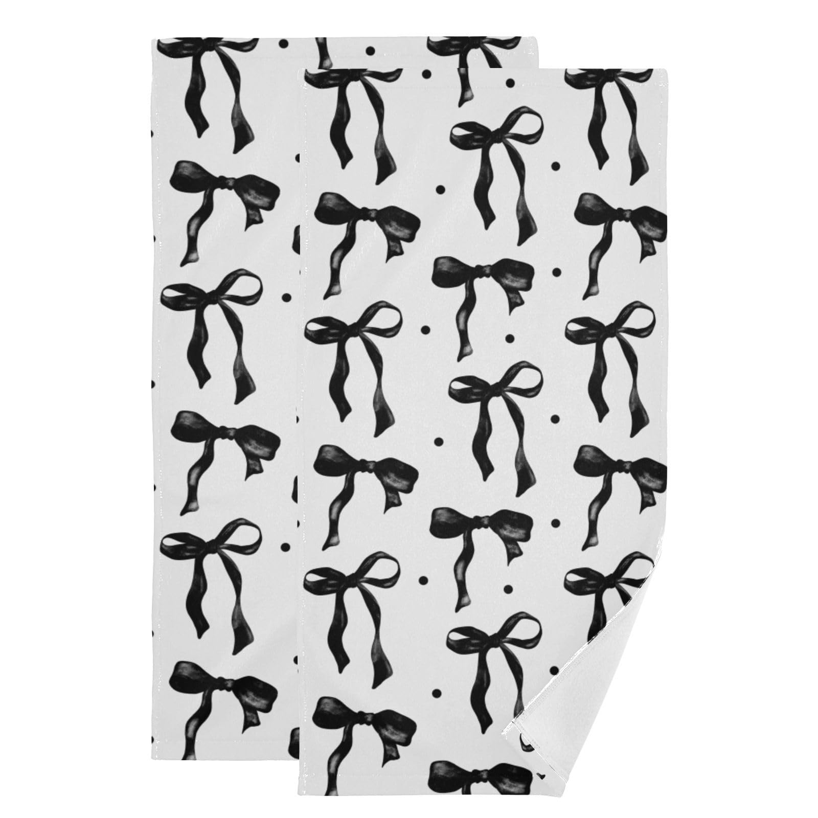 YGRDNAX 2 Pcs Black and White Bows Hand Towels for Bathroom,Soft Absorbent Cute Black Girly Bow Aesthetic Decorative Dish Towels for Kitchen,Quick Dry