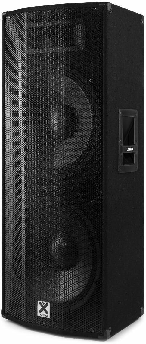 Angled view of the Vonyx CVB215 active speaker, showing the front grille and one side panel with an integrated handle.