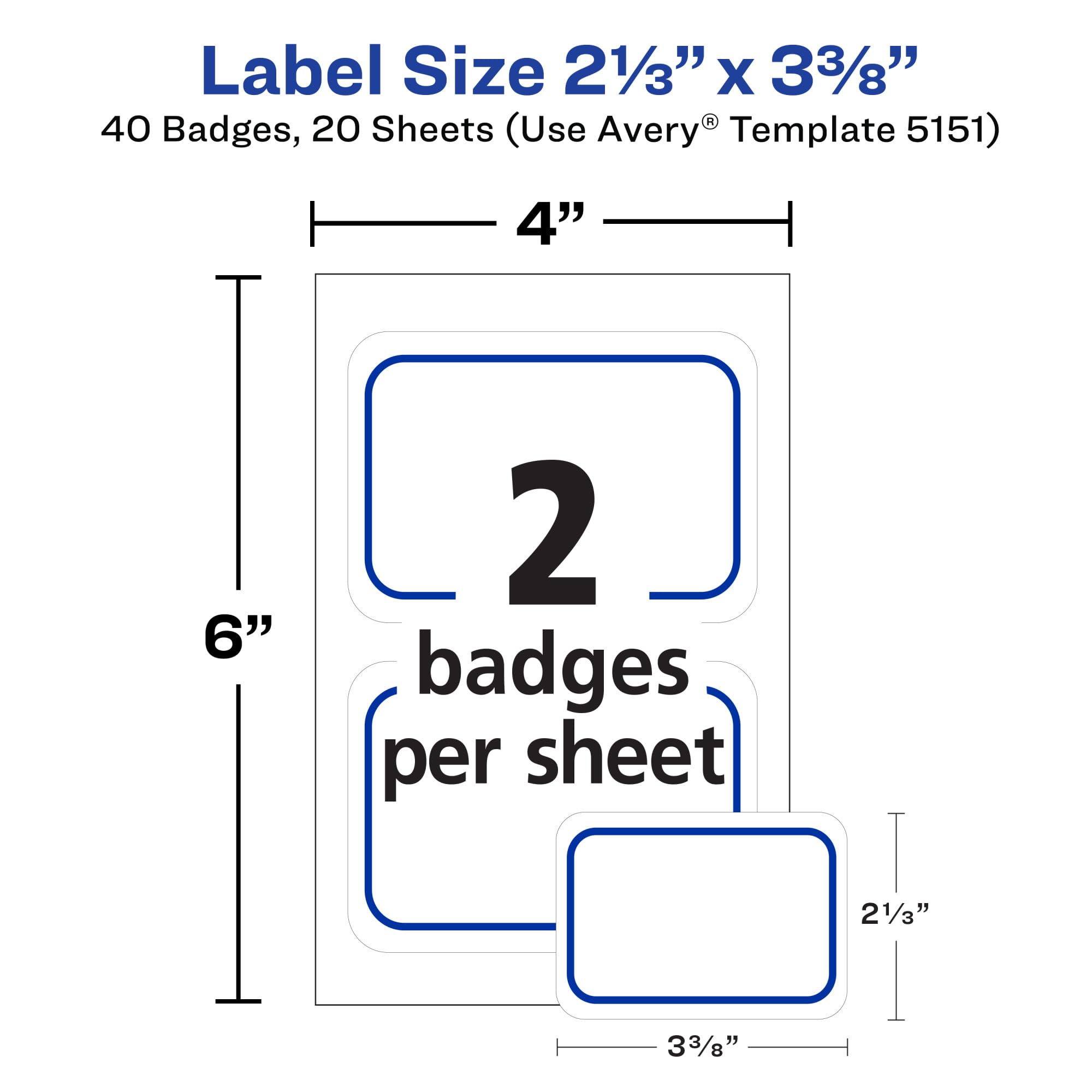 Avery Flexible Printable Name Tags, 2-1/3" x 3-3/8", White with Blue Border, 40 Removable Name Badges (05151) - Image 3