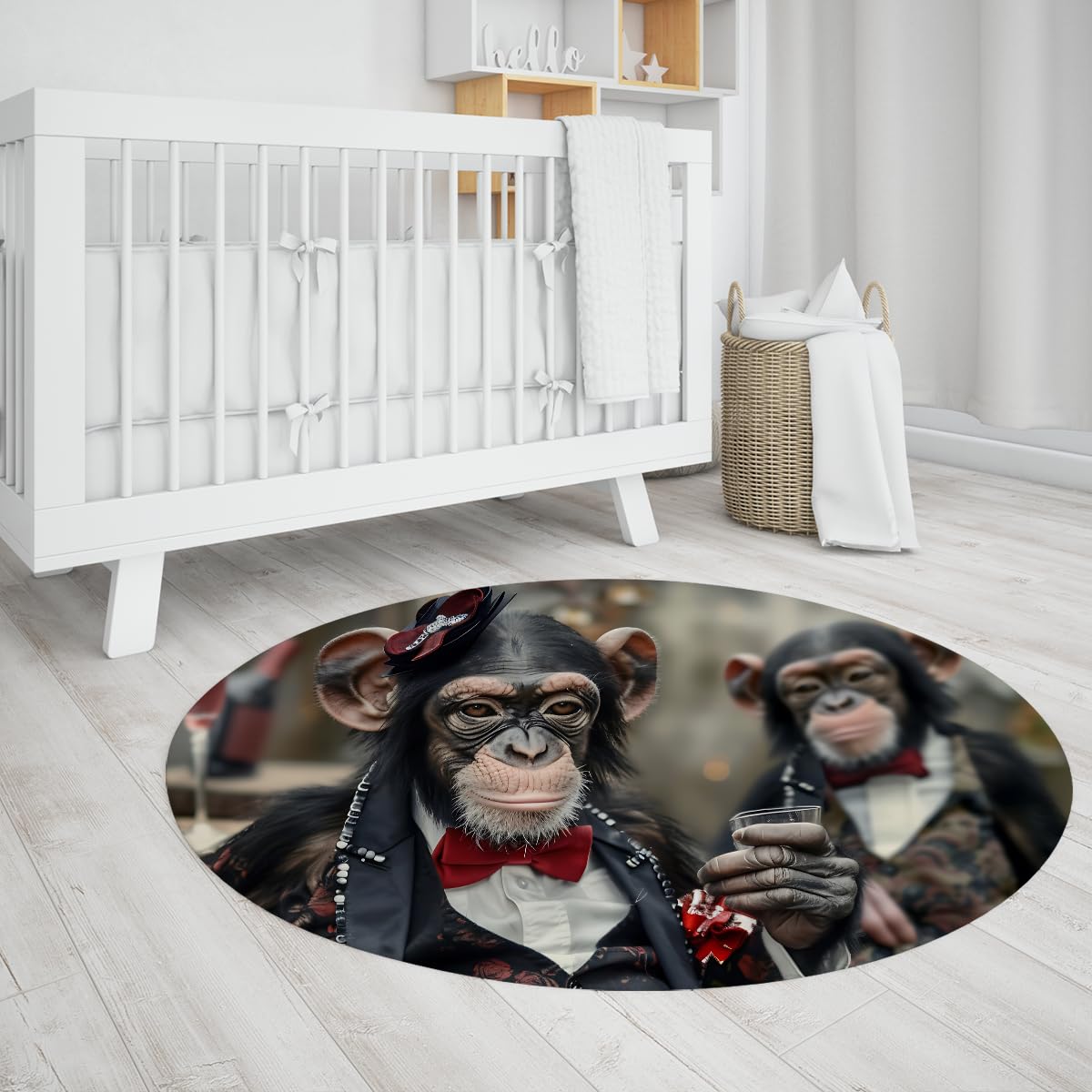 Tapis rond vintage monkey de 200cm pour le salon, un tapis circulaire à poils ras antidérapant
