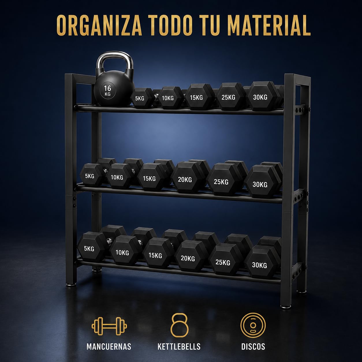 Soporte Mancuernas 3 Niveles, Soporte para Pesas Ajustable de Acero - Mancuernero hasta 180 kg, Organizador Gimnasio en Casa, 80x80x25 cm