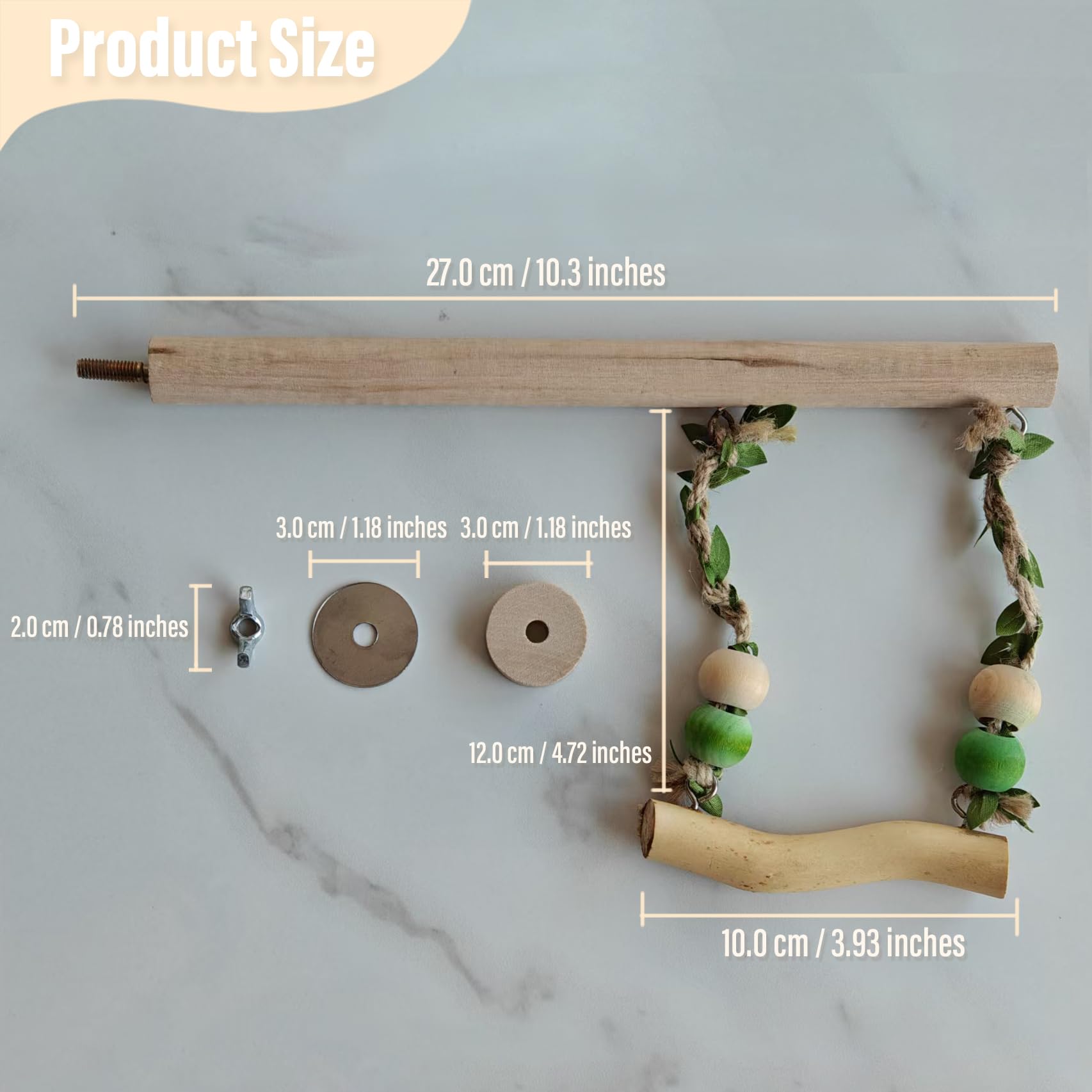 Altalena per uccelli in legno naturale, trespolo da 25 cm con corda intrecciata, giocattolo per gabbia per pappagallini