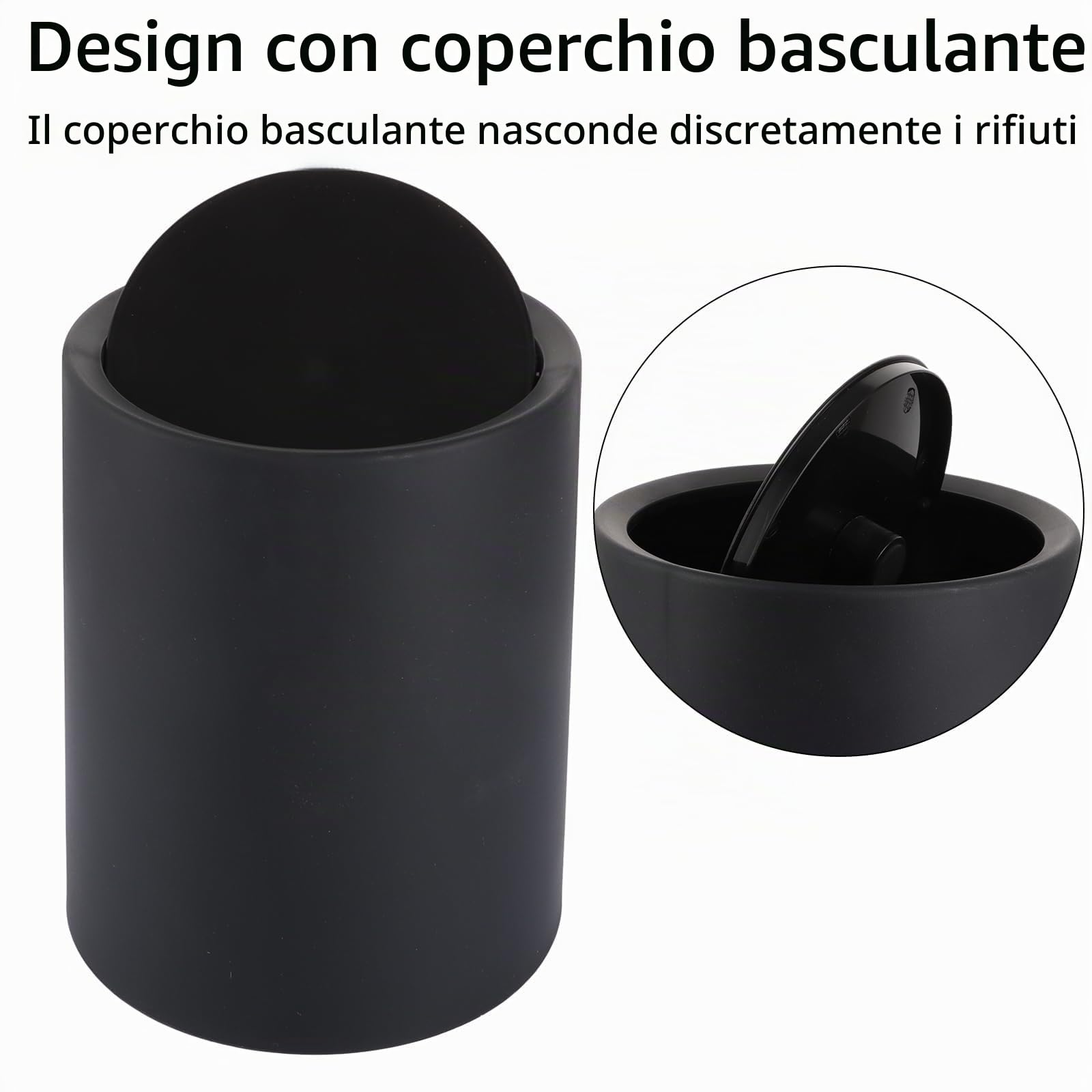 YAYODS Pattumiera Bagno 8L con Coperchio Basculante, 26x21,5cm Bidone Immondizia Circolare in Plastica BPA-Free, Secchio Interno con Sacchetto a Scomparsa per Bagno, Cucina, Ufficio e Vanity - Nero