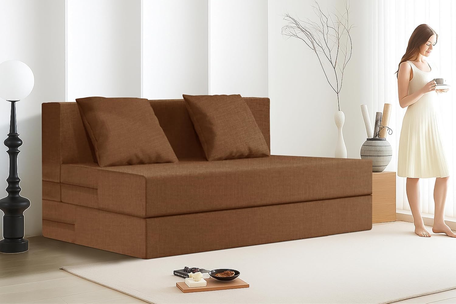 Rosebell Two-Person Jute Sofa Cum Bed | Compact & Lightweight | Removable Washable Cover- Including 2 Cushion | 4x6 Ft Size | Home or Office - Brown Color