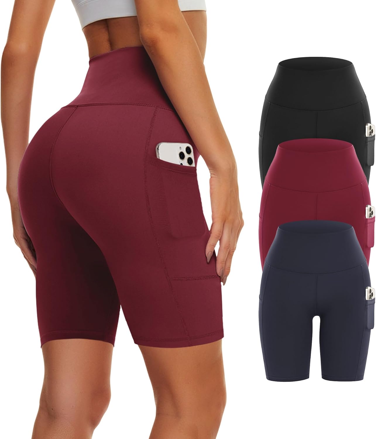 3 Pack Biker Yoga Shorts with Pockets for Women, High Waist Tummy Control Workout Running Gym