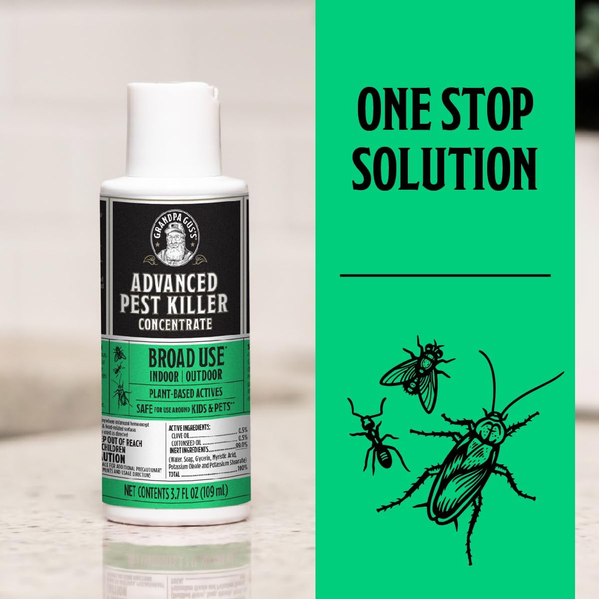 Grandpa Gus's Advanced Pest Killer Concentrate, Indoor & Outdoor Bug Spray, Ants, Roaches, Flies, Spiders, Fleas, Gnats, Silverfish, Moths, Kid & Pet Safe When Used as Directed - 2 Pack, 3.7 oz