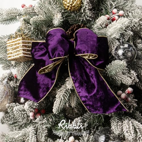 Image of Ribbli Purple Velvet Wired Ribbon 4 Inch Metallic Purple Gold Crushed Velvet Christmas Ribbon for Gift Wrapping Christmas Tree Decoration Crafts Wreaths Supplies-Continuous 10 Yards