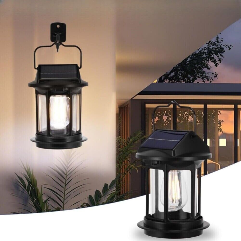 EBILUN Solar Wall Lights with Motion Sensor, 2400mAh USB LED Lantern Lights , Waterproof Hanging Lamp with Handle for Decoration Yard Pathway Patio (Black,2)