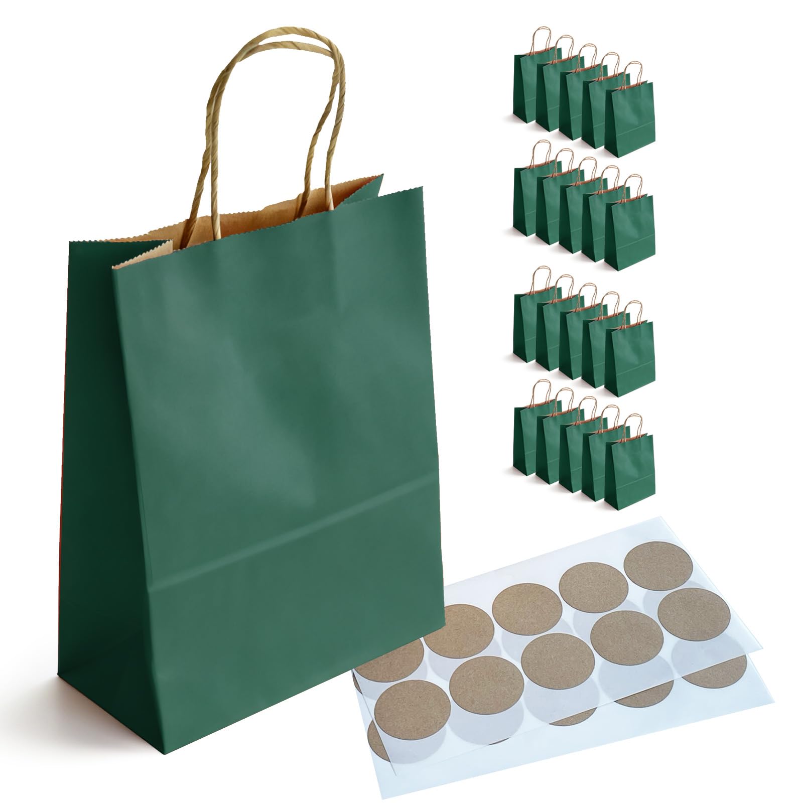 BaiMoure Green Paper Gift Bags with Handles, 20 Pack 150GSM Thick Medium Kraft Bag, 21x11x27cm Reusable Heavy Duty Carrier Bags for Spring Wedding, Garden Party, Boutique Shopping, Birthday Favors