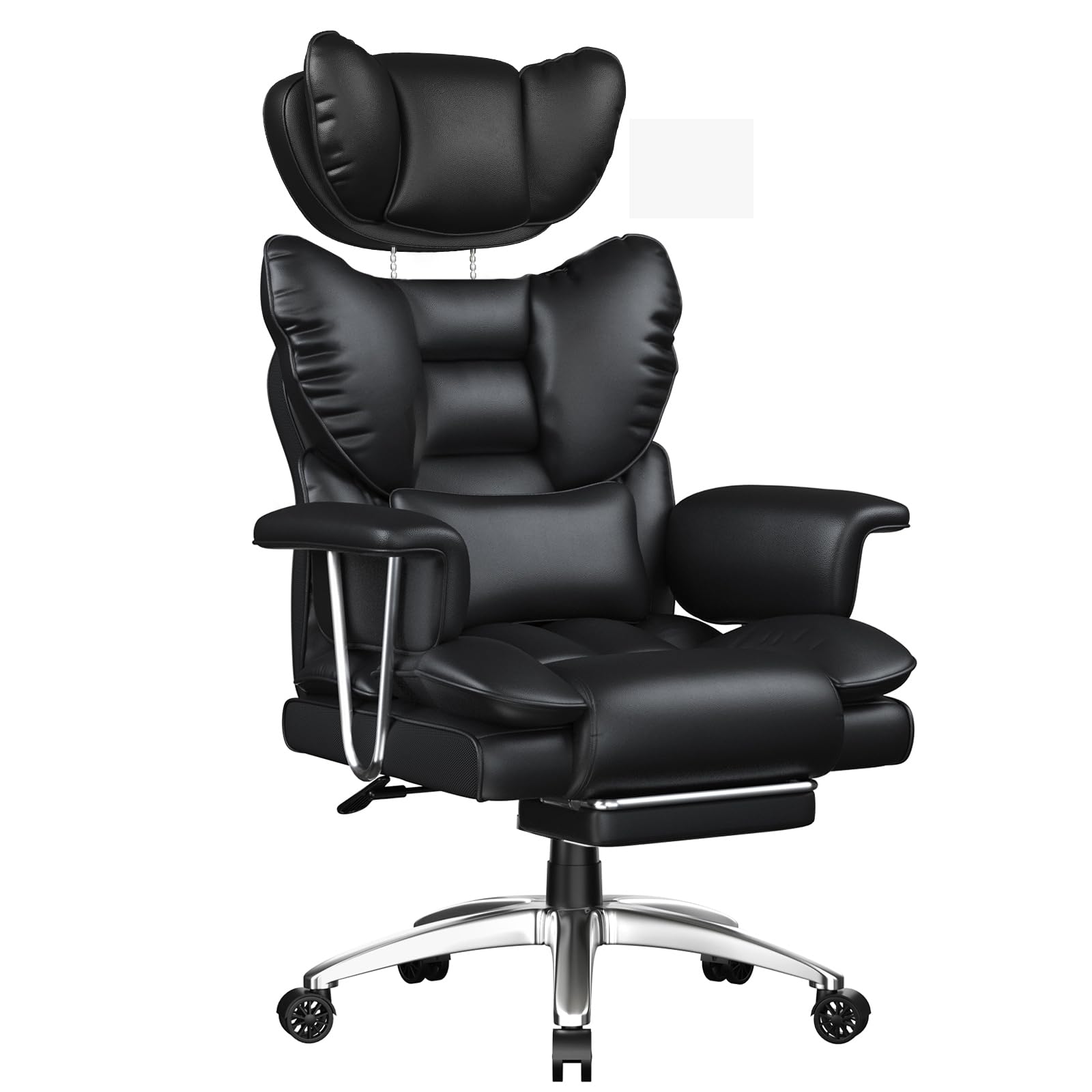 Desk Chair-Big Tall Heavy Duty Ergonomic Office Chair with Footrest/Adjustable Headrest, High PU Leather Cross Legged Executive Computer Recliner, Comfy Home Office Black Swivel Work Study Chair